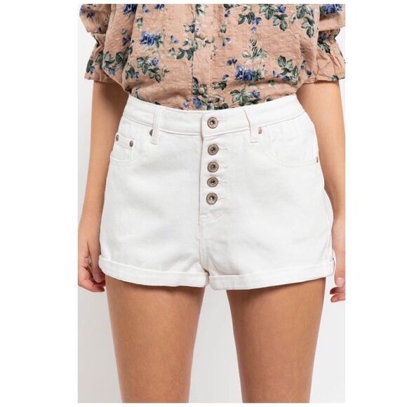 WHITE denim shorts w/ button closure & folded Hem - Picture 2 of 12